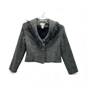 Vintage Gantos Gray Bouclé Cropped Jacket Fringe Collar, Textured Wool Blend 8